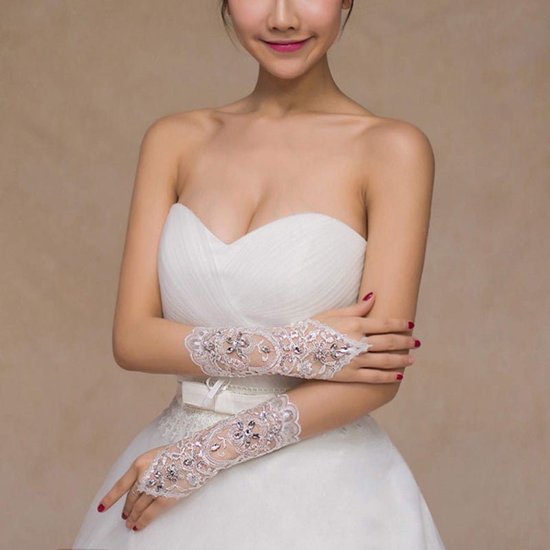 Ayliss Lace Fingerless Rhinestone Bridal Gloves - Crystal Bridal Lace Gloves for Wedding Party Opera Prom Halloween (White) - Image 4